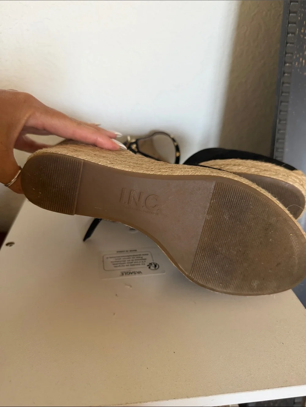 INC International Concepts Black Espadrille Wedge Sandals with Gold Stud Accents